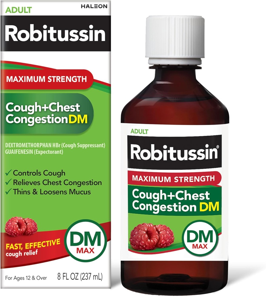 Robitussin Ενηλίκων Μέγιστη Δύναμη Βήχας + Θώρακος Συμφόρηση DM Max (8 fl. oz. Μπουκάλι), Βήχας Καταπιεστικό & Προσδοκητικό, Βατόμουρο Γεύση