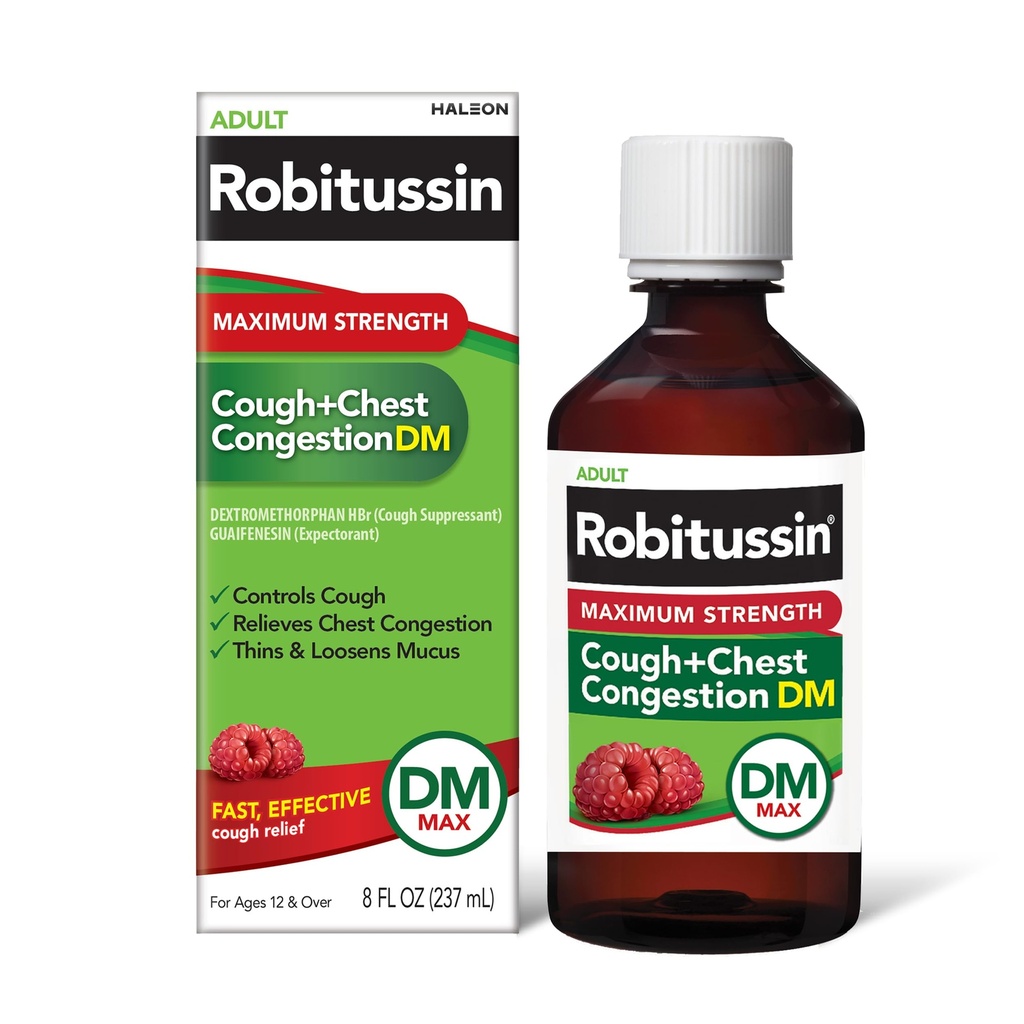 Robitussin Ενηλίκων Μέγιστη Δύναμη Βήχας + Θώρακος Συμφόρηση DM Max (8 fl. oz. Μπουκάλι), Βήχας Καταπιεστικό & Προσδοκητικό, Βατόμουρο Γεύση