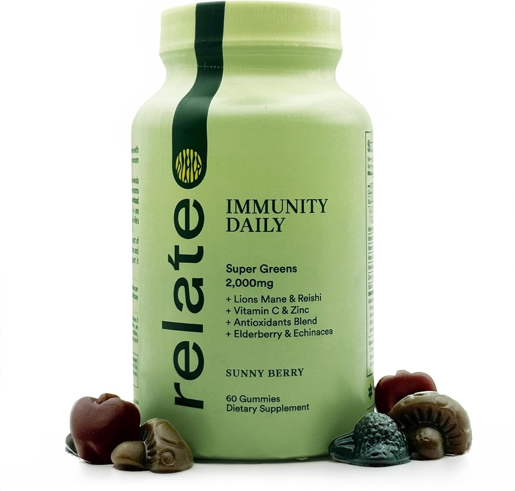 αφηγείται Ανοσία Daily Gummies - Super Greens, Lion's Mane & Reishi, Vitamin C & Zinc, Antioxidant Blend with Elderberry & Echinacea - Sunny Berry Flavor, 60 Count