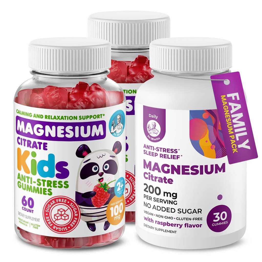 DR. MORITZ Magnesium Bundle - Gummies for Adults (200mg, 30 Count) and Kids Magnesium Gummies (60 Count, 2 Pack) - Χωρίς ζάχαρη