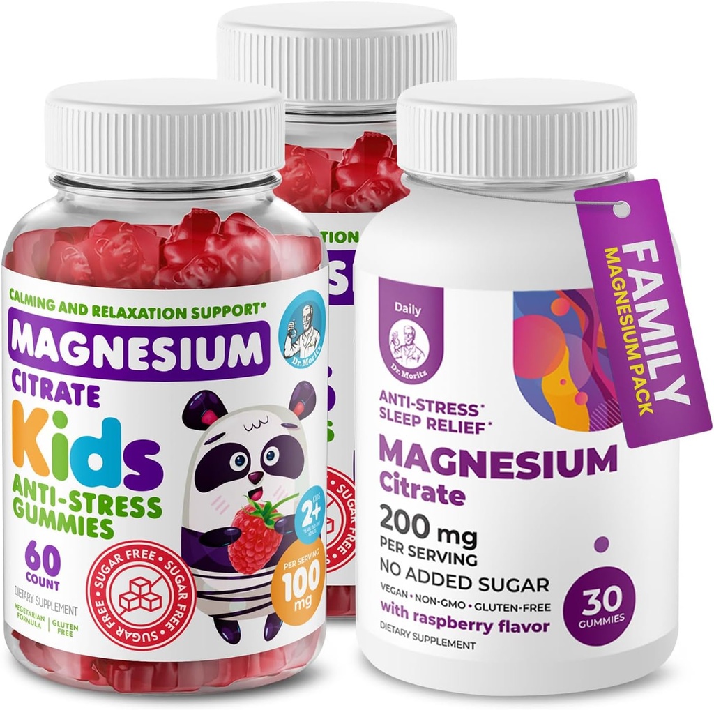 DR. MORITZ Magnesium Bundle - Gummies for Adults (200mg, 30 Count) and Kids Magnesium Gummies (60 Count, 2 Pack) - Χωρίς ζάχαρη