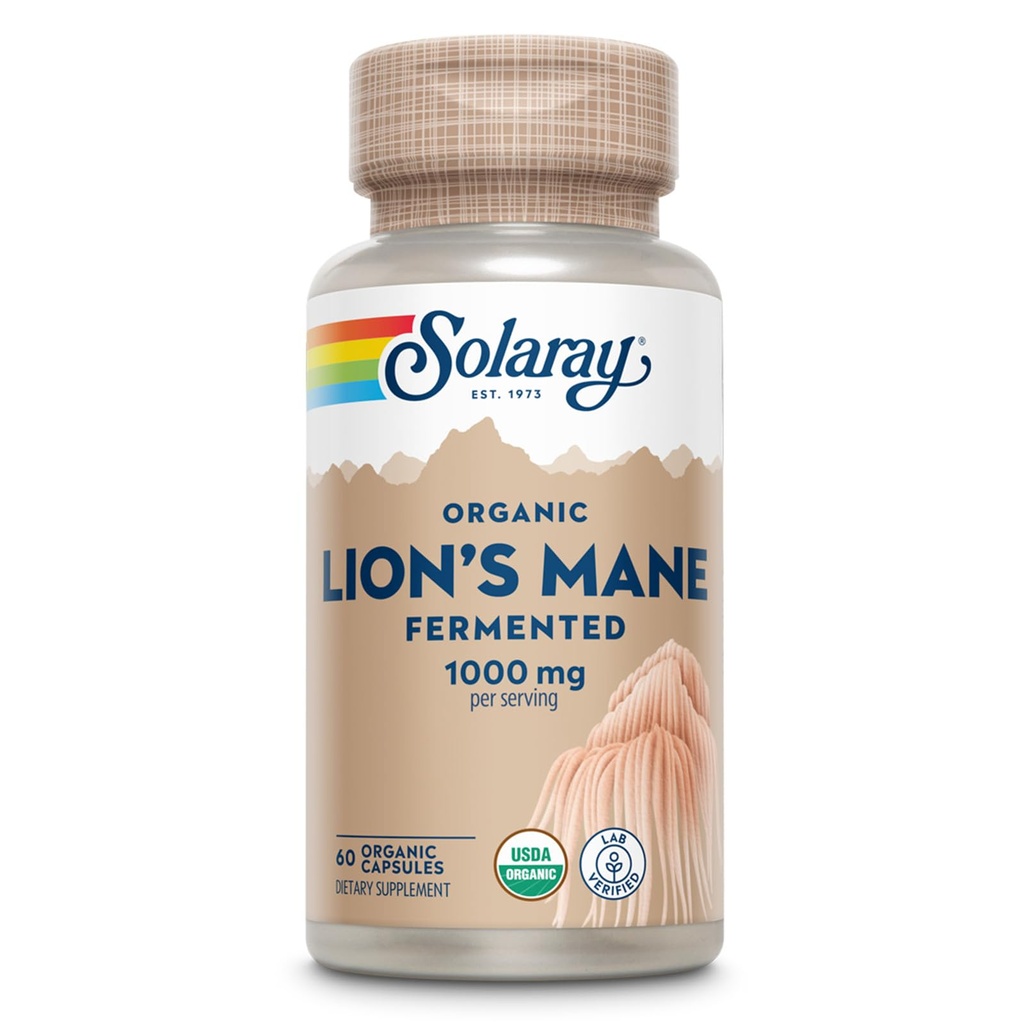 SOLARAY Organic Lions Mane Supplement Capsules - Παροχή 1000 mg Mane Mane Organic Mushrooms, Ζυμωμένο για ενισχυμένη απορρόφηση - Vegan, 60-Day Εγγύηση, Εργαστήριο Επαληθευμένο, 30 Υπηρεσίες, 60 VegCaps