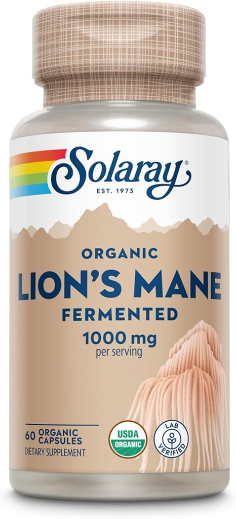 SOLARAY Organic Lions Mane Supplement Capsules - Παροχή 1000 mg Mane Mane Organic Mushrooms, Ζυμωμένο για ενισχυμένη απορρόφηση - Vegan, 60-Day Εγγύηση, Εργαστήριο Επαληθευμένο, 30 Υπηρεσίες, 60 VegCaps