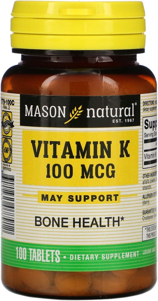 Mason Βιταμίνες Βιταμίνη K 100 mcg Δισκία, 100- Count Φιάλες