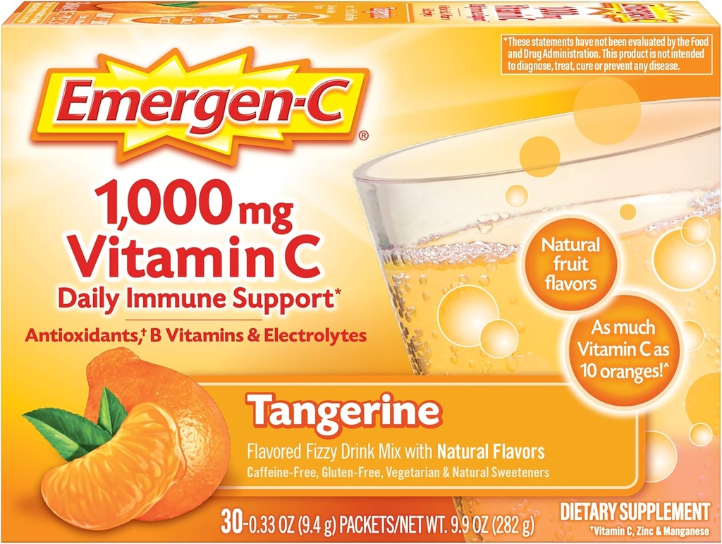 Emergen-C 1000mg σκόνη βιταμίνης C, με αντιοξειδωτικά, βιταμίνες Β και ηλεκτρολυτικά, συμπληρώματα βιταμίνης C για την ανοσοποιητική υποστήριξη, Caffeine Free Fizzy Drink Mix, Tangerine Flavor - 30 Count