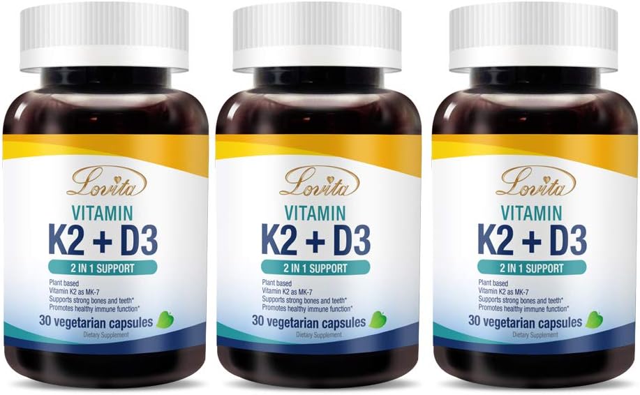 Lovita Vitamin K2 + D3, 400 IU Vegan Vitamin D3 & 120 mcg Vitamin K2 (MK-7), 2 σε 1 Formula, Immune Vitamin Complex, Υποστηρίζει την καρδιά, τα δόντια και την ανοσολογική λειτουργία, 30 κάψουλες χορτοφάγων (πακέτο των 3)