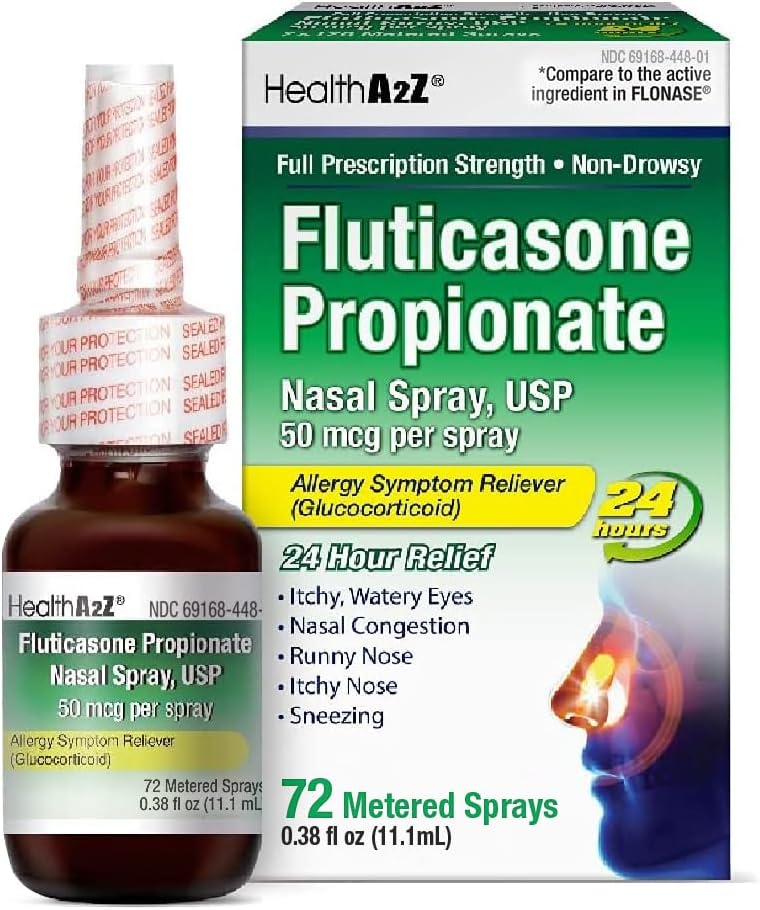 HealthA2Z® Fluticasone Propionate Nasal Spray | 50 mcg per Spray | 24 Hour Allergy Relief | 72 Sprays | 0.38 fl oz. (11.1mL) | Nasal Decongestant | Non-Drowsy | Allergy Relief Spray