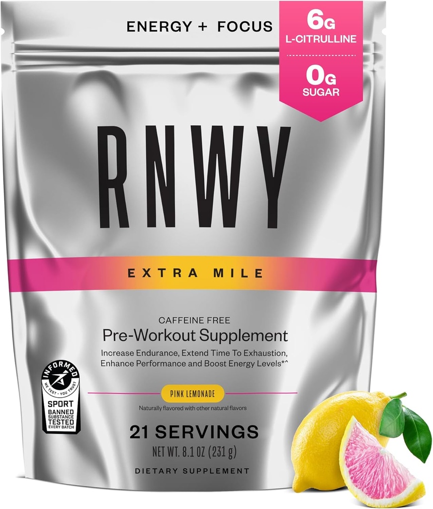 Extra Mile Caffeine Free Pre Workout Powder, 6g L-Citrulline, Sugar Free, Simulant Free, με DynamineTM και TeaCrine® για αντοχή και εστίαση, 21 υπηρεσίες (Pink Lemonade)