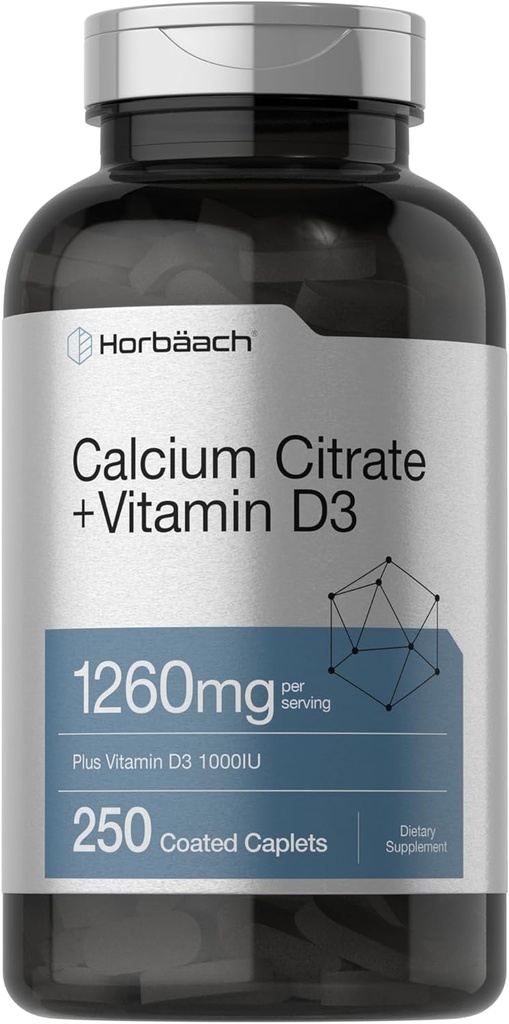 Horbäach Calcium Citrate with Vitamin D3 | 1260 mg | 250 Caplets | Vegetarian, Non-GMO, Gluten Free Supplement