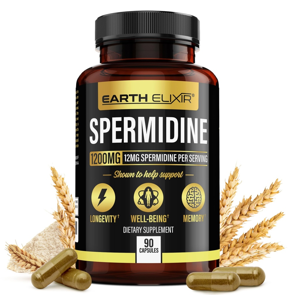 Earth Elixir Spermidine Συμπληρώματα 1200mg (90 κάψουλες) – Αντιγήρανση - 3rd Party Tested (12mg Spermidine Powder) Max Purity - 100% Pure Espermidina- Fermented Wheat Germ Extract - NMN Εναλλακτική