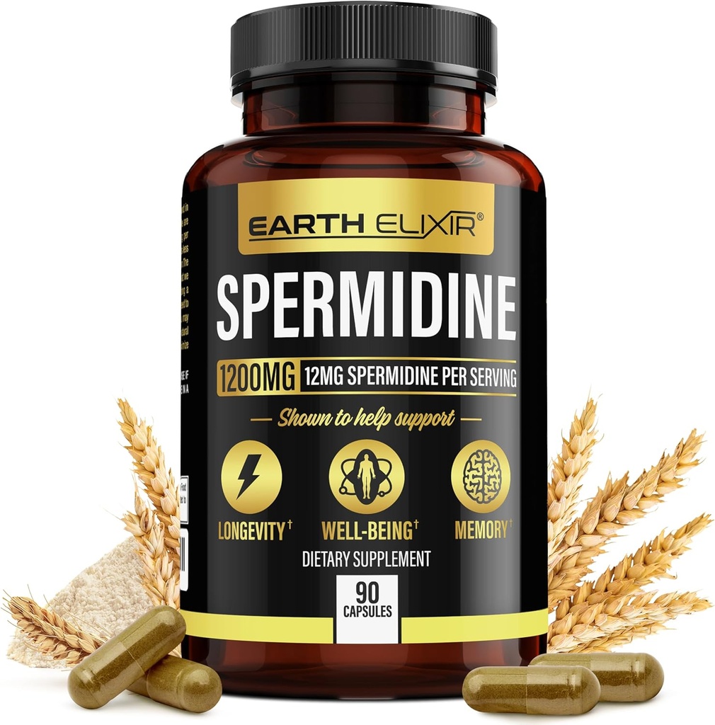 Earth Elixir Spermidine Supplements 1200mg (90 Capsules) – Anti Aging - 3rd Party Tested (12mg Spermidine Powder) Max Purity - 100% Pure Espermidina- Fermented Wheat Germ Extract - NMN Alternative