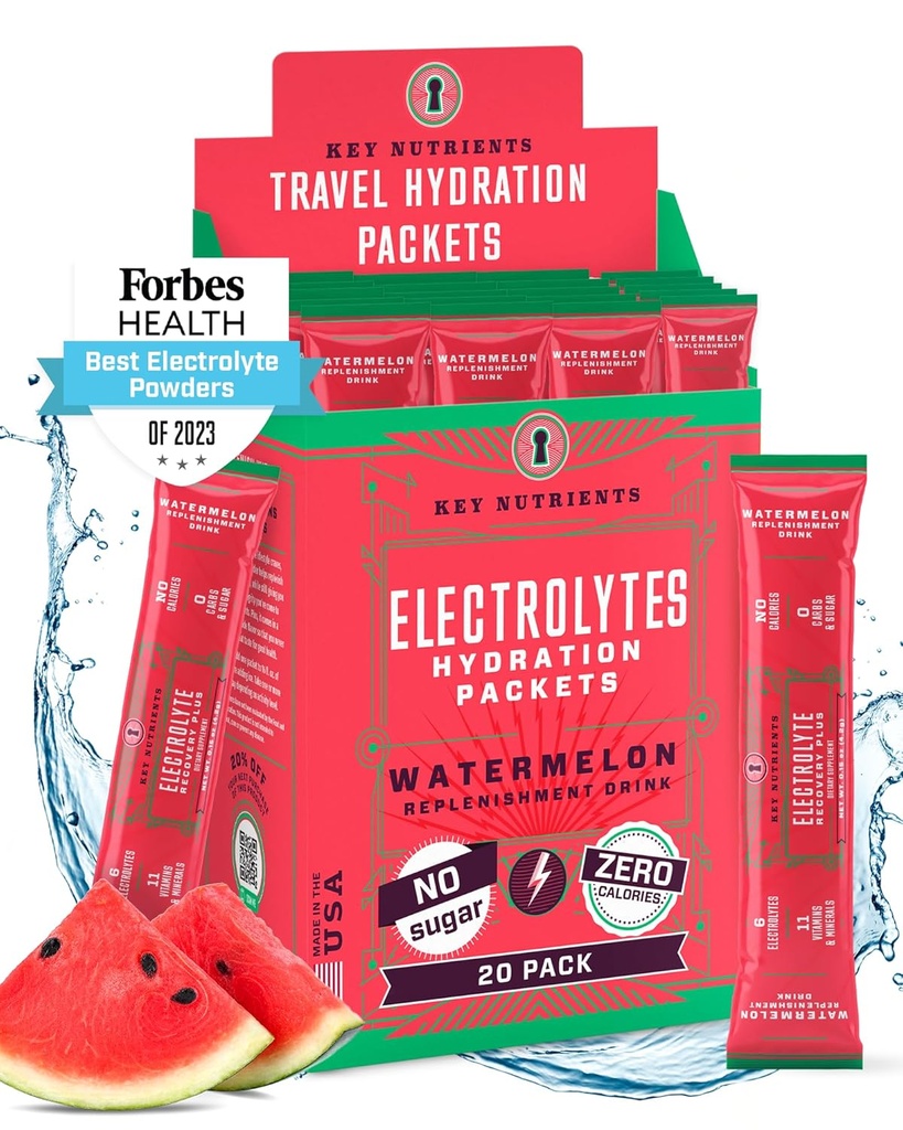 KEY NUTRIENTS Electrolytes Powder Packets - Refreshing Watermelon 20 Pack Hydration Packets - Travel Hydration Powder - No Sugar, No Calories, Gluten Free - Made in USA