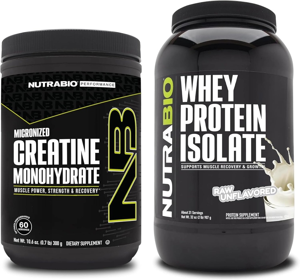 NutraBio Creatine Monohydrate, Unflavored, 300g και Whey Protein Isolate, Unflaved, συμπλήρωμα Bundle - μυϊκή ενέργεια, Lean μυϊκή ανάπτυξη, ανάκτηση, και δύναμη