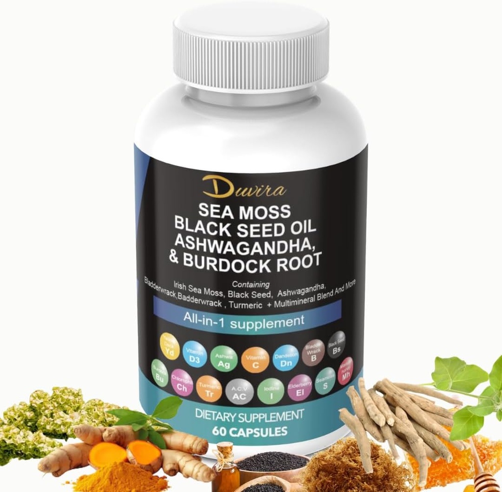 Sea Moss 3000mg Black Seed Oil 2000mg Ashwagandha 1000mg Turmeric 1000mg Bladderwrack 1000mg Burdock 1000mg & Βιταμίνη C & D3 με Elderberry Manuka Dandelion Yellow Dock Iodine Chlorophyl ACV