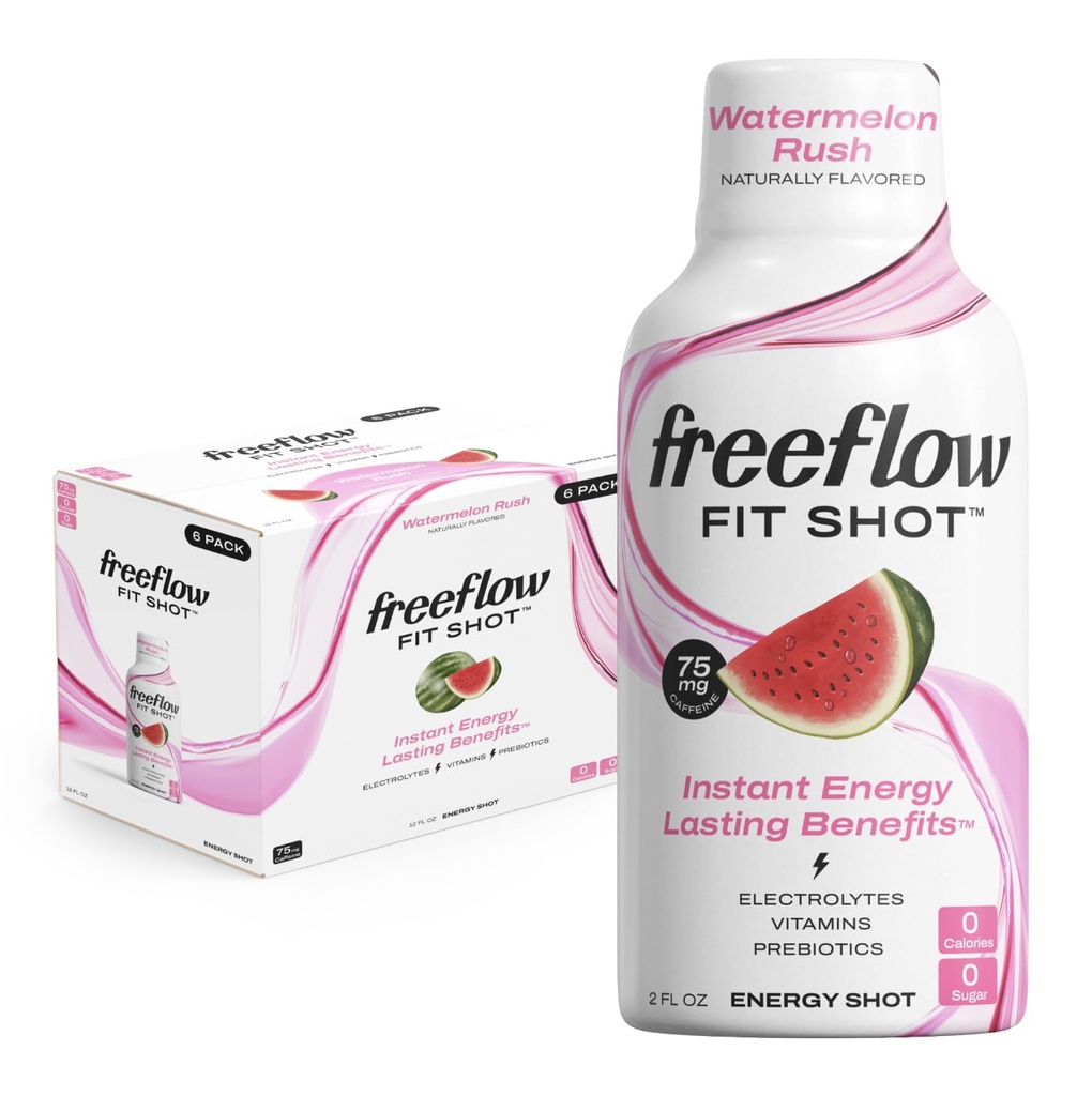 Freeflow Fit Energy Shots, Watermelon Rush, Natural Caffeine Boost with L-theanine, Ginseng, Βιταμίνες, Πρεβιοτικά, Ηλεκτρολύτες (6 Count, 2oz Shots)