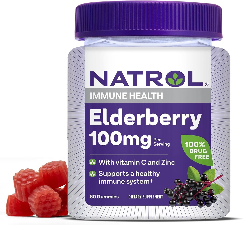 Natrol Elderberry 100mg Gummies για την υποστήριξη της ανοσοποιητικής υγείας, 60 Berry-Flavored Gummies, 30 ημέρες προσφοράς