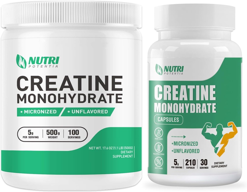 Creatine Monohydrate Powder 500 Grams & Creatine Κάψουλες, Pure Micronized Creatine Συμπληρώματα για την οικοδόμηση μυών, πριν & μετά την προπόνηση Creatine Powder, Non-GMO, Χωρίς γεύση