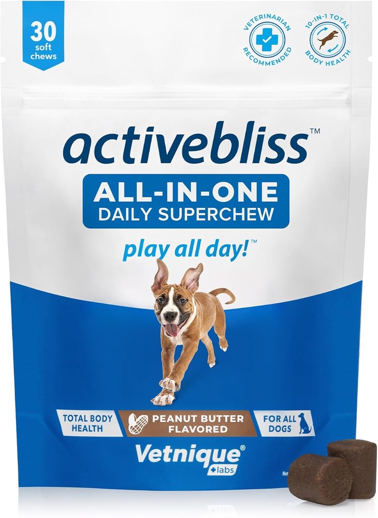 Vetnique Labs Activebliss Dog Multivitamin - Daily Treat with Glucosamine, Omega 3, Digestive Enzymes & Probiotics for Joint, Digestive, & Immune Support - Dog Vitamins for Optimal Health, 30 Count