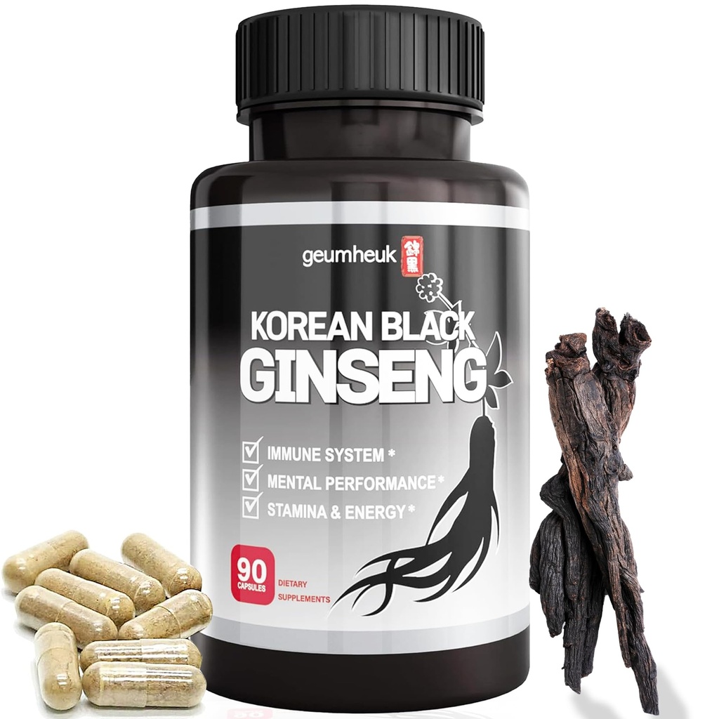 GeumHeuk Korean Black Panax Ginseng Κάψουλες 1000mg - 90 Vegan Κάψουλες Μη ΓΤΟ, Υψηλή Ginsenosides, Υψηλός ρυθμός απορρόφησης, Ενίσχυση της ασυλίας, Ψυχική Απόδοση, Σταμίνα & Ενέργεια, Άνδρες & Γυναίκες