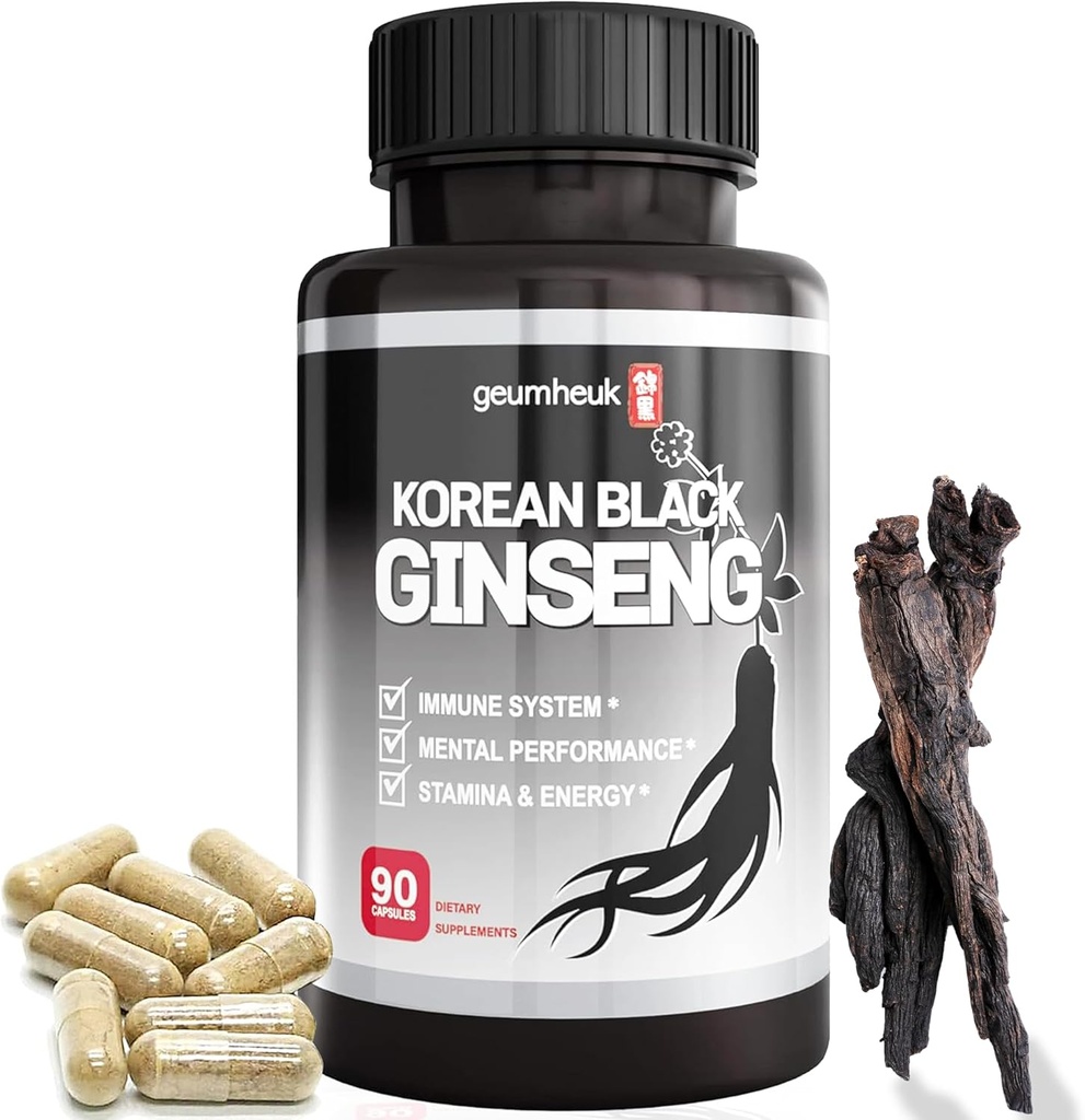GeumHeuk Korean Black Panax Ginseng Κάψουλες 1000mg - 90 Vegan Κάψουλες Μη ΓΤΟ, Υψηλή Ginsenosides, Υψηλός ρυθμός απορρόφησης, Ενίσχυση της ασυλίας, Ψυχική Απόδοση, Σταμίνα & Ενέργεια, Άνδρες & Γυναίκες