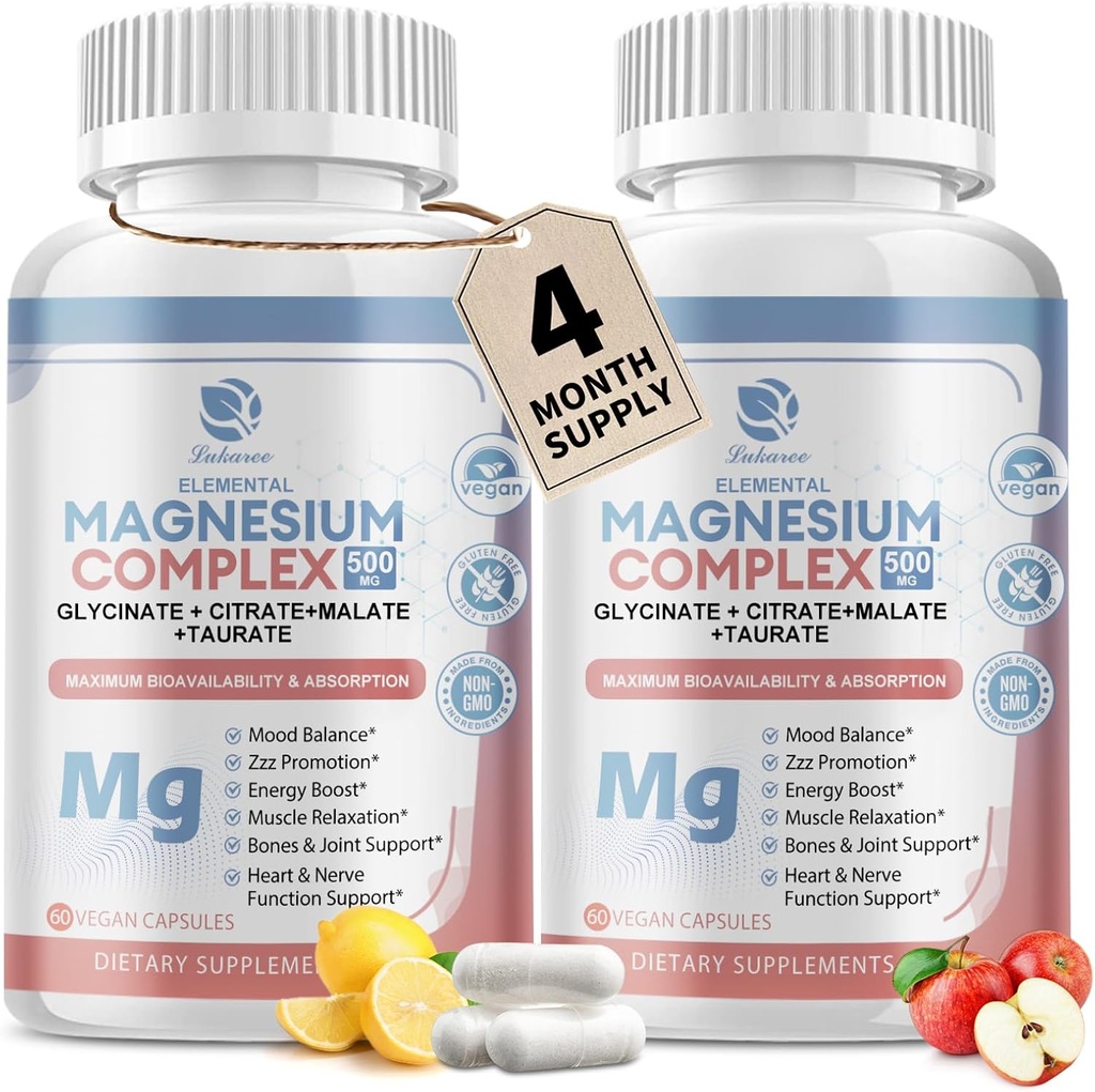 Lukaree Magnesium Complex Supplement 500mg, Magnesium Glycinate, Malate, Taurate, Citrate Complex & Herbal Extracts, High Absorption Chelated 120 Vegan Non-GMO Capsules for Rest, Energy, Mood