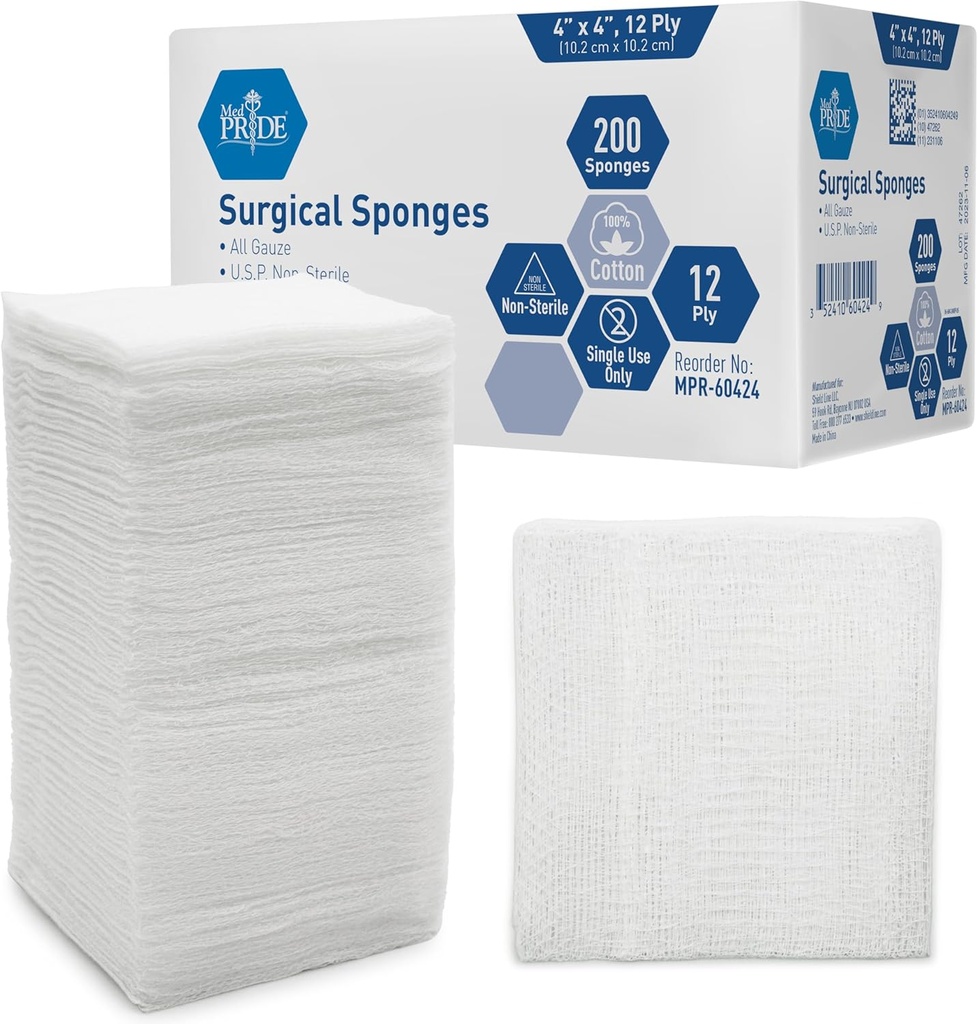 MED PRIDE 4”x 4” Gauze, 200 χειρουργικά σφουγγάρια 12-ply Extra Absorbent 