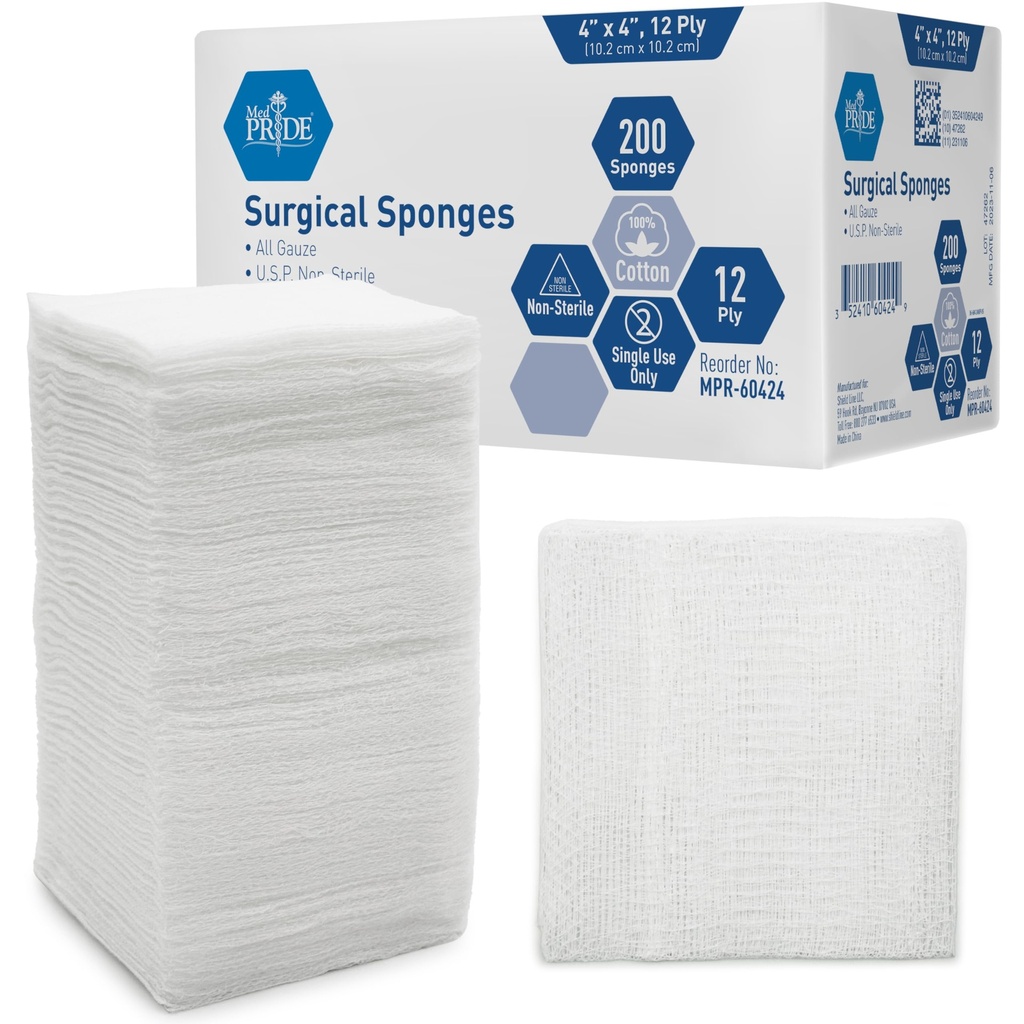 MED PRIDE Surgical Gauze Sponges,4 x 4 in,12-Ply,Non-Sterile,200-Count Pack
