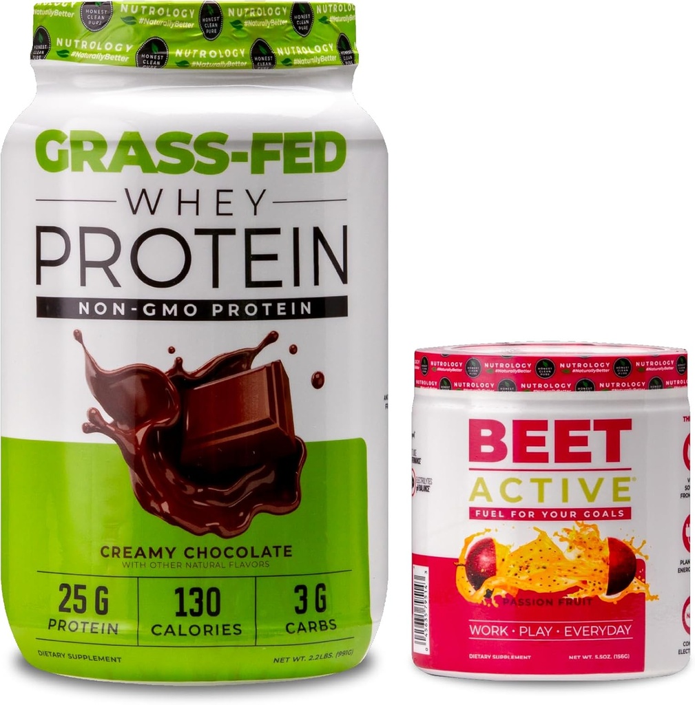 Nutrology Grass Fed Whey Protein Powder, Supports Lean Muscle Recovery & Performance, Creamy Chocolate Flavor (28 Servings) Beet Active, Natural Pre-Workout Powder, Passion Fruit Flavor (3