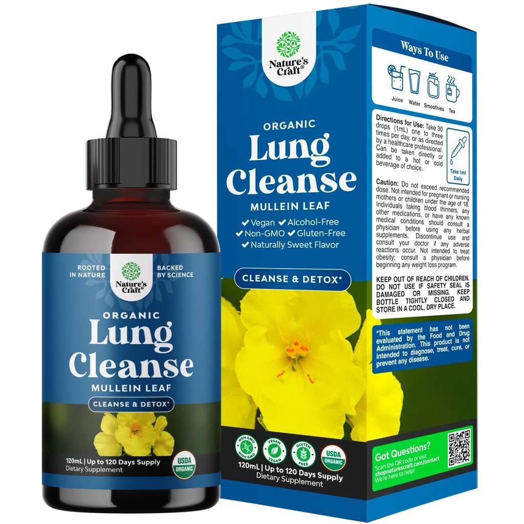 USDA Organic Mullein Drops for Lungs - Herbal Lung Detox & Cleanse with Marshmallow Root Extract & Plantain Leaf for αναπνευστική υγεία πνεύμονα - Mullein Leaf Timcture Drops for Breathing Support - 120ml