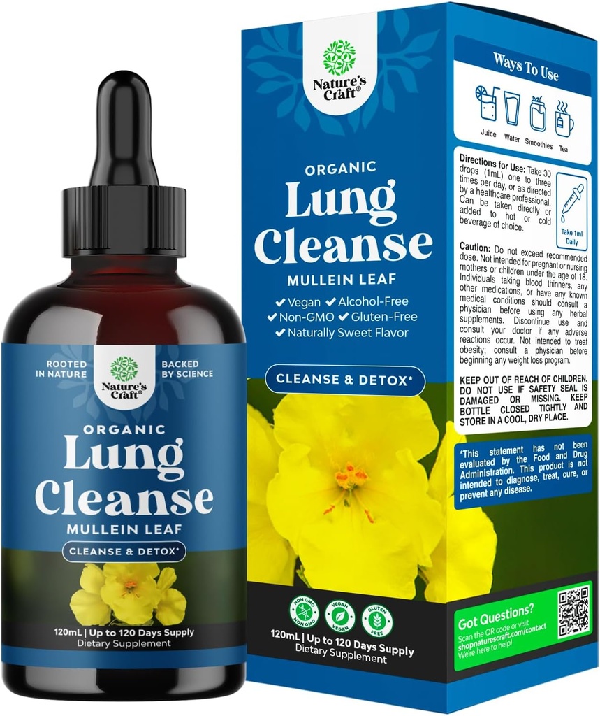 USDA Organic Mullein Drops for Lungs - Herbal Lung Detox & Cleanse with Marshmallow Root Extract & Plantain Leaf for αναπνευστική υγεία πνεύμονα - Mullein Leaf Timcture Drops for Breathing Support - 120ml