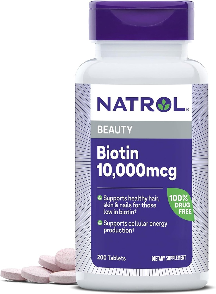 Natrol Biotin 10000mcg, συμπλήρωμα για υγιή μαλλιά, δέρμα και νύχια για όσους είναι χαμηλά στη βιοτίνη, συν την υποστήριξη του μεταβολισμού ενέργειας, 200 δισκία, έως 200 ημέρες προσφοράς