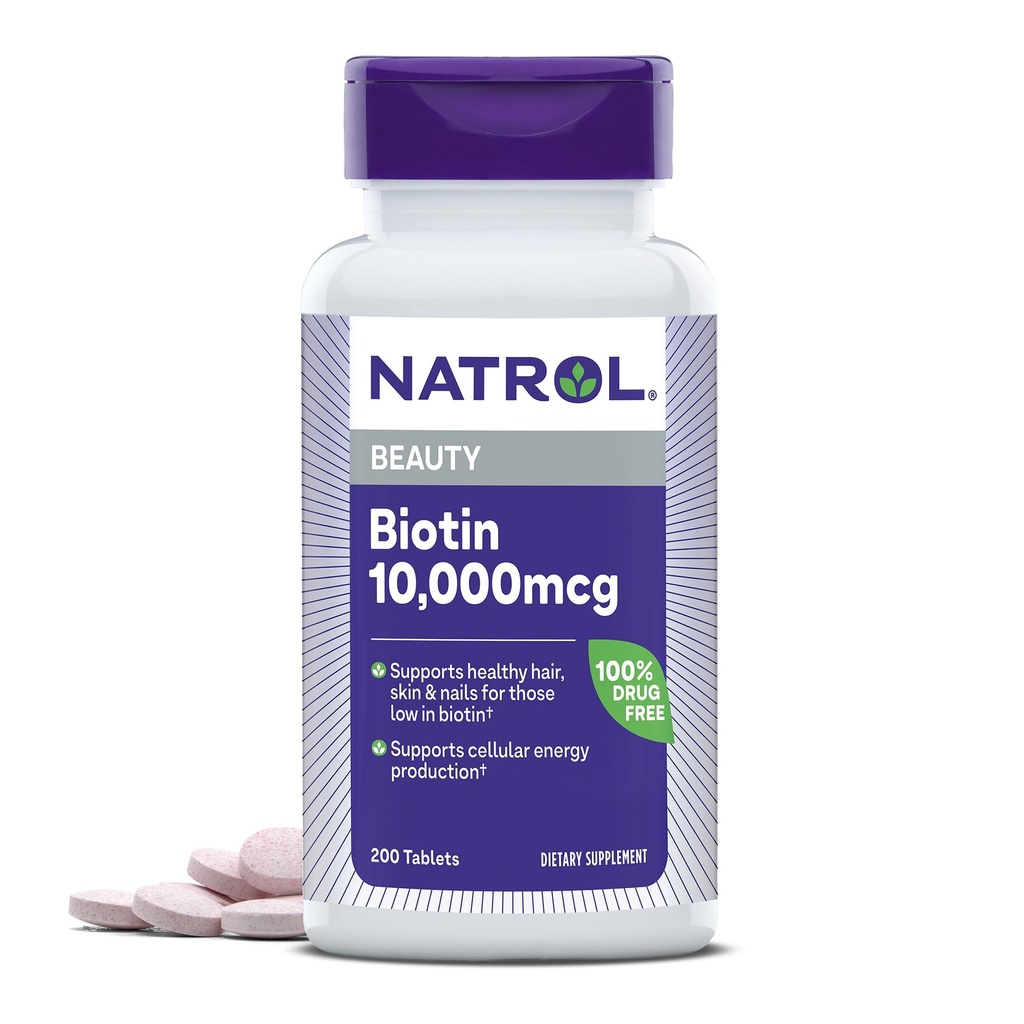 Natrol Biotin 10000mcg, συμπλήρωμα για υγιή μαλλιά, δέρμα και νύχια για όσους είναι χαμηλά στη βιοτίνη, συν την υποστήριξη του μεταβολισμού ενέργειας, 200 δισκία, έως 200 ημέρες προσφοράς