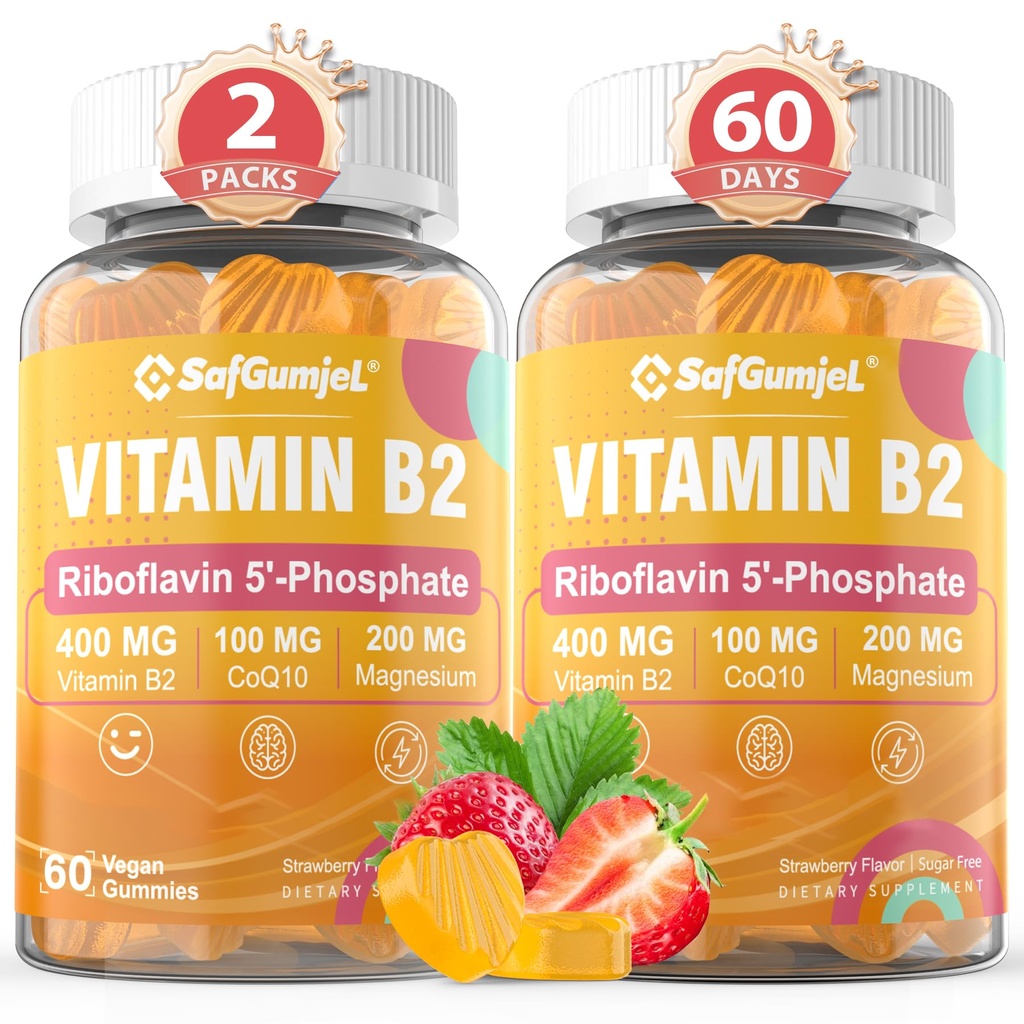 Vitamin B2 Gummies | Riboflavin 400mg for Adults and Kids | with Magnesium & CoQ10 for Energy & Migraine Relief | Sugar Free B2 Vitamin VIT B | Non GMO, Vegan, 120 Count