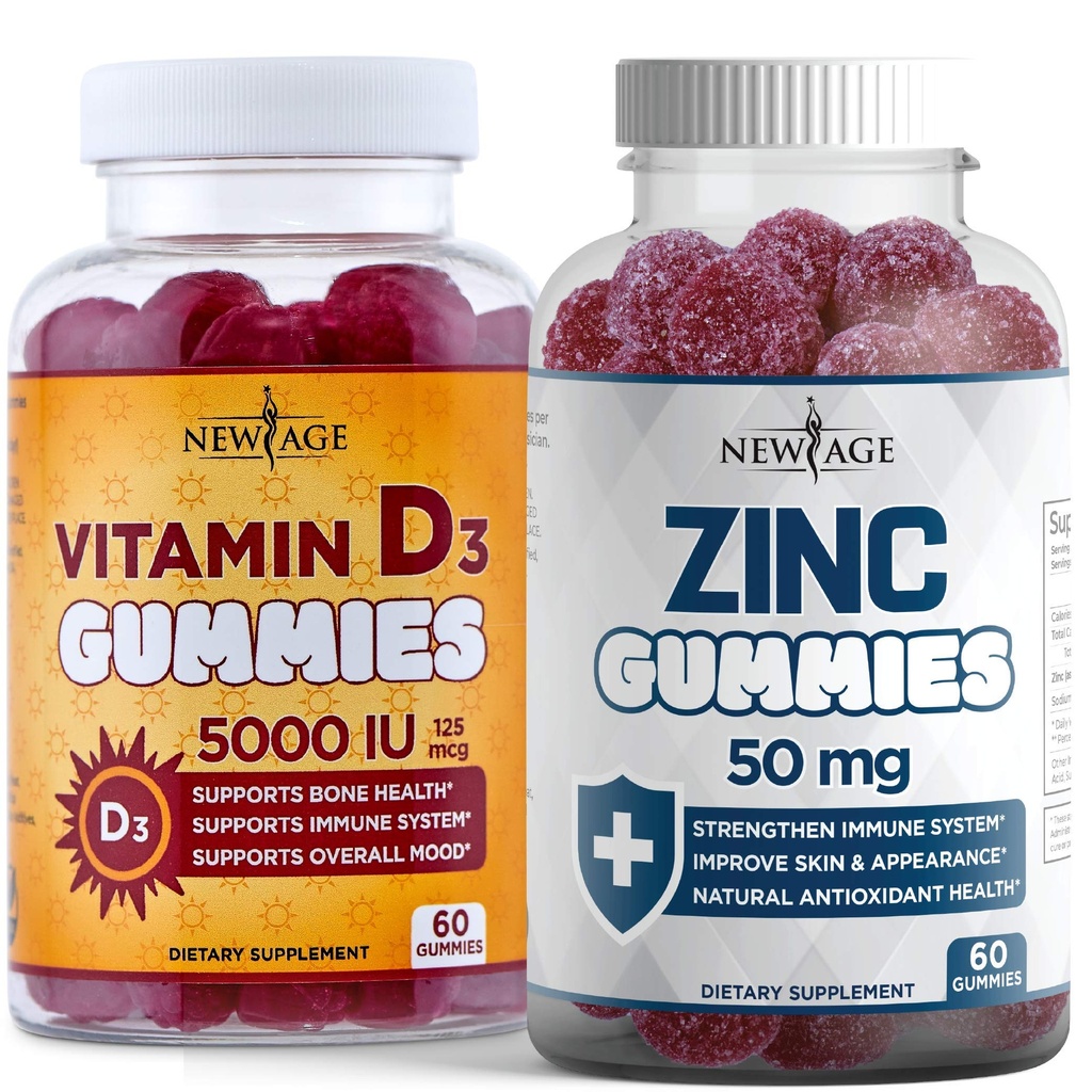 NEW AGE Immune Defense Combo - 2 Pack - Βιταμίνη D3 Gummies 5000 IU 125mcg & Υψηλής ισχύος Gummies ψευδάργυρου, Immune Booster 120 Count