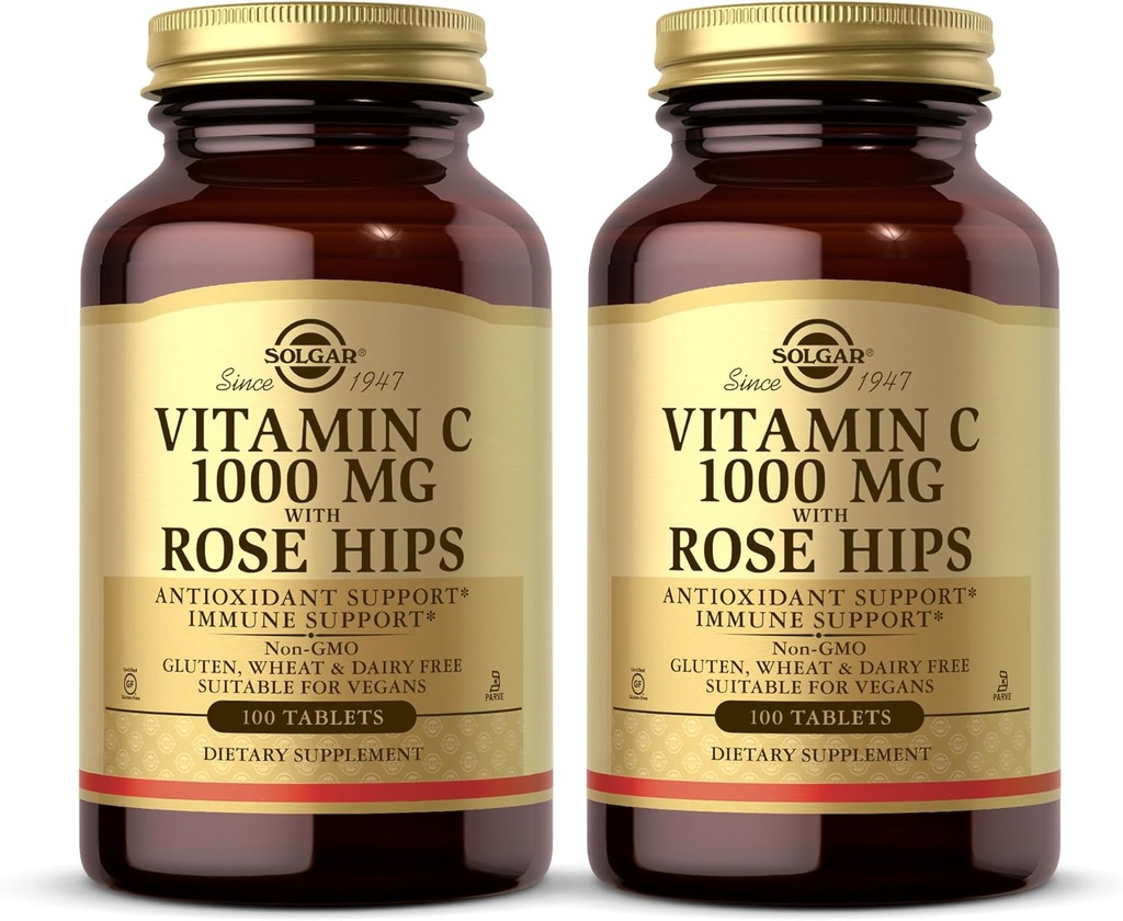 Solgar Vitamin C 1000 mg με Rose HIPS - 100 δισκία, Συσκευασία των 2 - Αντιοξειδωτική & Ανοσολογική Υποστήριξη - Μη ΓΤΟ, Vegan, Χωρίς γλουτένη, Χωρίς γαλακτοκομικά, Kosher - 200 Σύνολο Σερβιρίσματος