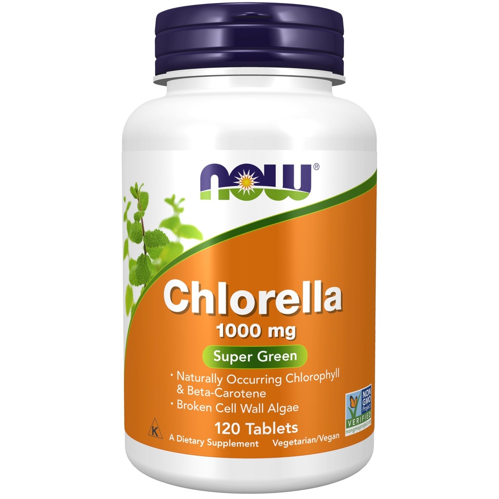 NOW Συμπληρώματα Τροφίμων, Chlorella 1000 mg με φυσική παρουσία Χλωροφύλλης, Beta- Carotene, μεικτά Καροτενοειδή, Βιταμίνη C, Σιδήρου και Πρωτεΐνης, 120 δισκία