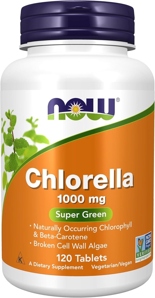 NOW Συμπληρώματα Τροφίμων, Chlorella 1000 mg με φυσική παρουσία Χλωροφύλλης, Beta- Carotene, μεικτά Καροτενοειδή, Βιταμίνη C, Σιδήρου και Πρωτεΐνης, 120 δισκία