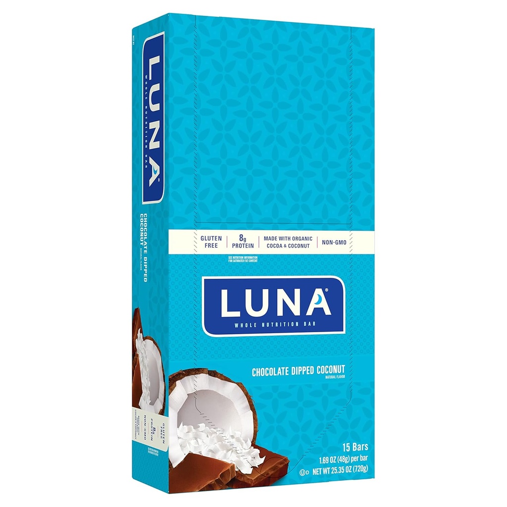 LUNA BAR - Gluten Free Snack Bars - Σοκολάτα βουτηγμένη καρύδα Γεύση -8g πρωτεΐνης - Μη ΓΤΟ - Φυτό Βασισμένο Wholesome Snacking - On the Go Snacks (1,69 Ounce Snack Bars, 15 Count)