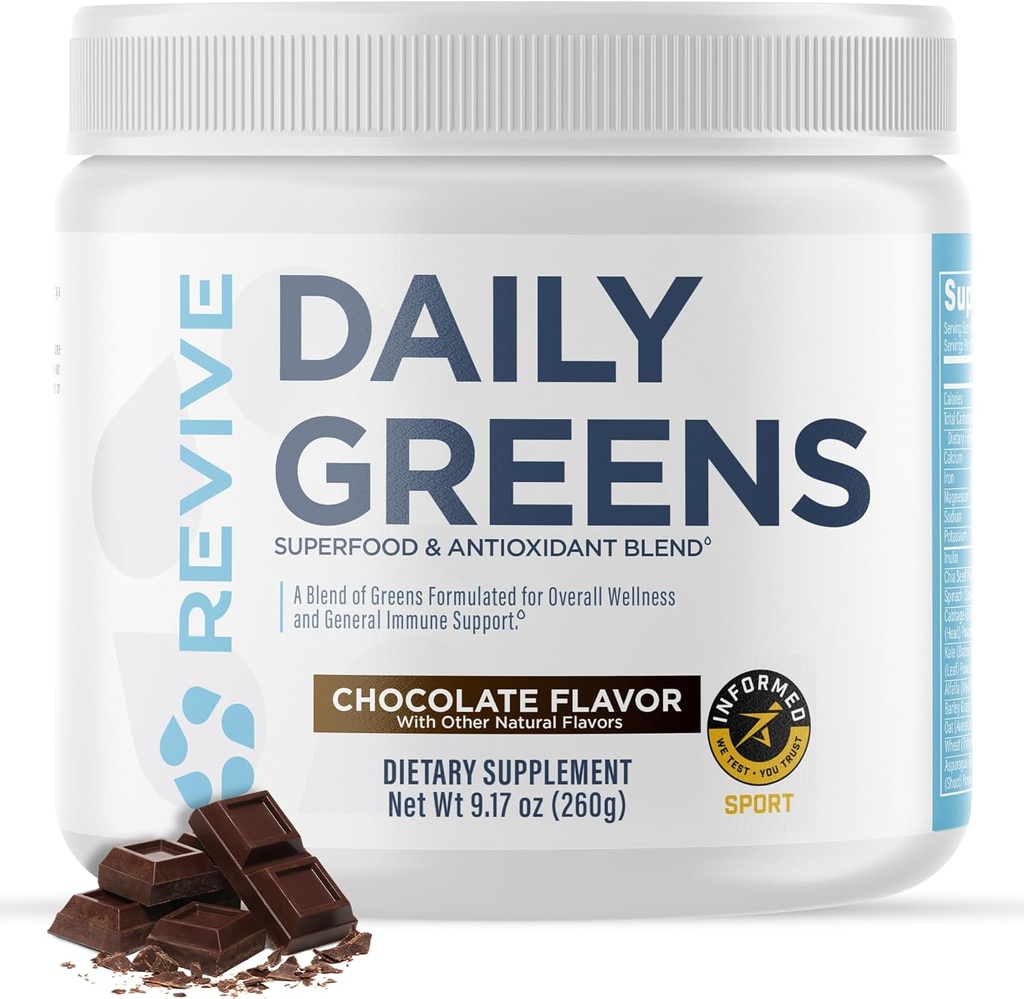 Revive MD Daily Green Powder Superfood (Chocolate) - Supergreens Powder to Support Energy Levels - Green Juice That Improves Fiber Intake - Vegetable Supports Digestion and Gut Health