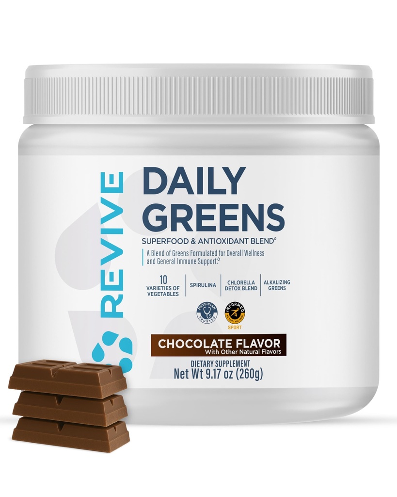 Revive MD Daily Green Powder Superfood (Chocolate) - Supergreens Powder to Support Energy Levels - Green Juice that Improves Fiber Intake - Vegetable Supports Digestion and Gut Health (30 Servings)