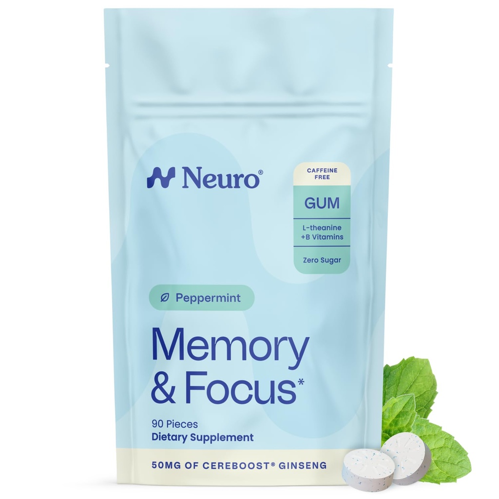 Neuro Memory & Focus Gum - Nootropic Gum with Vitamin B12, Vitamin B6, L-Theanine & Ginseng Extract - Natural Brain Support Supplement - Vegan, Caffeine & Sugar Free Chews - Peppermint, 90 ct