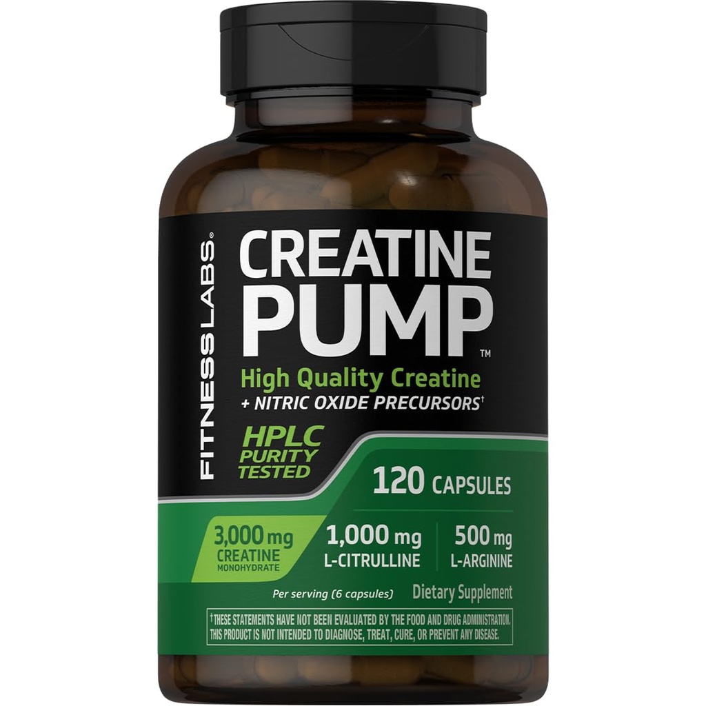 Fitness Labs Creatine Monohydrate Capsules | 3000mg |120 Count | Pump Supplement for Men and Women | Plus Nitric Oxide Precursor | Non-GMO and Gluten Free