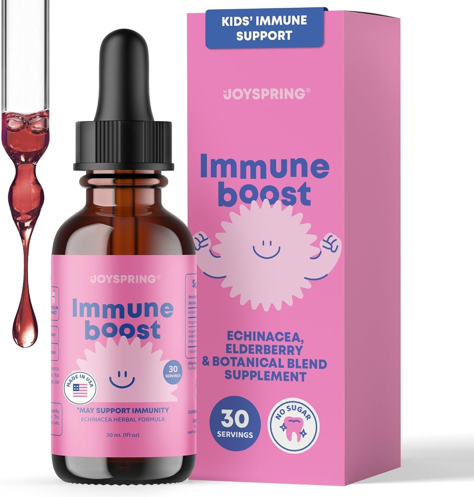 JoySpring Immune Drops - Παιδικό συμπλήρωμα υποστήριξης ανοσίας (1 fl oz, 30 σέρβις) με οργανικά Elderberry Liquid, Echinacea, Oregon Grape Root & Orange Peel για ηλικίες 2-16+ Έτη και Ενήλικες