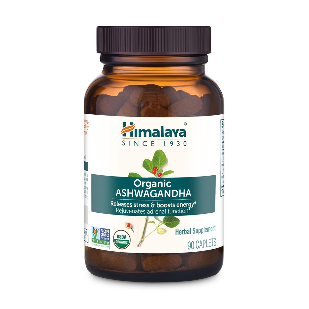 Himalaya Organic Ashwagandha, 90 Day Supply, φυτικό συμπλήρωμα για την ανακούφιση του στρες, την ενεργειακή υποστήριξη, περιστασιακή αϋπνία, USDA Certified Organic, μη-GMO, Vegan, Gluten Free, 670 mg, 90 Caplets