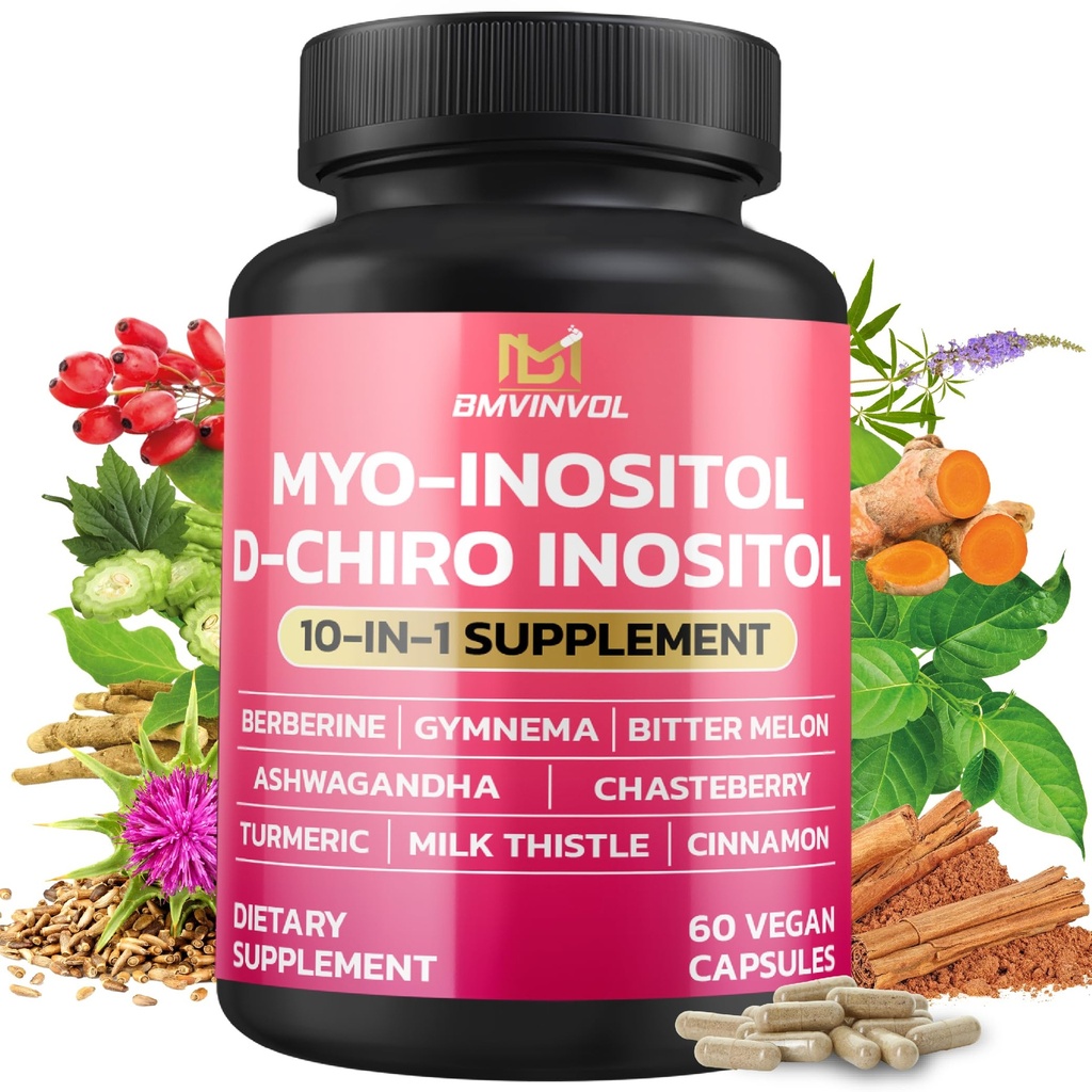BMVINVOL Inositol συμπλήρωμα - Myo-Ινοσιτόλη και D-Χίρο Ινοσιτόλη Ιδανικό 40:1 Ratio - Plus Βερβερίνη, Κανέλα, Ashwagandha + 5 Περισσότερα - 60 κάψουλες