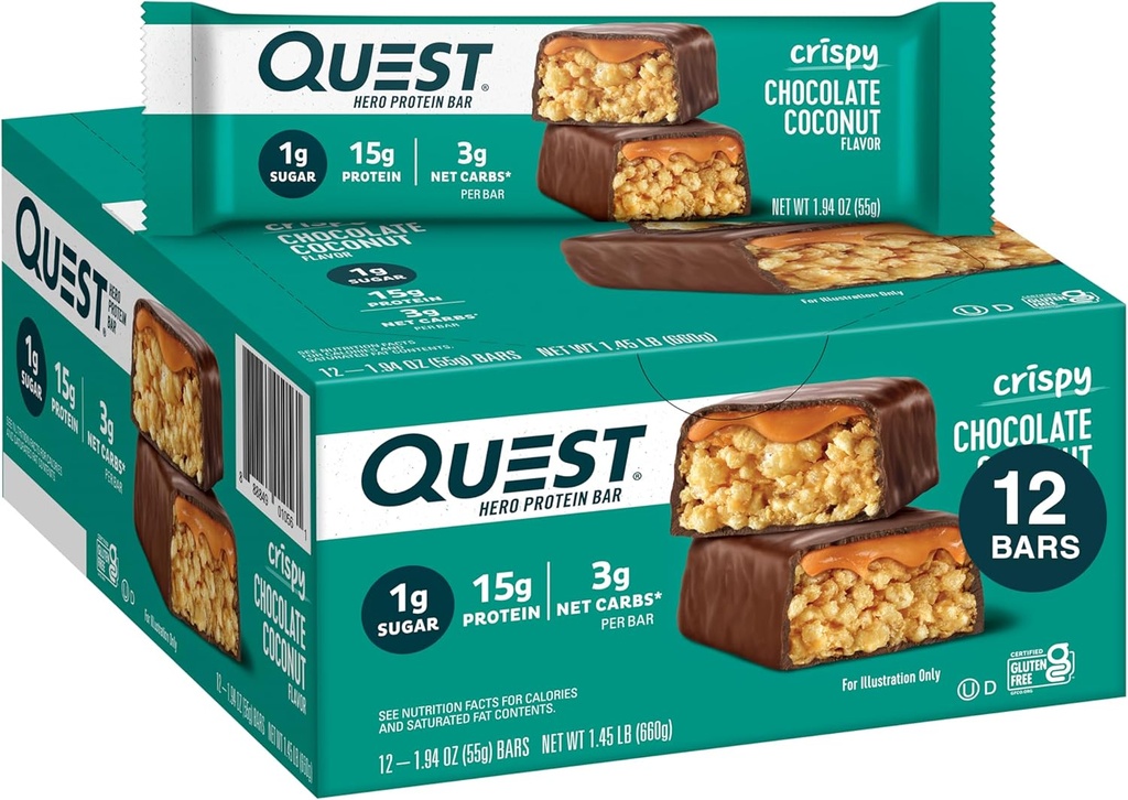 Quest Διατροφή Crispy Σοκολάτα Coconut Hero Protein Bar, 15g πρωτεΐνη, 1g ζάχαρη, 3g καθαρό υδατάνθρακες, χωρίς γλουτένη σνακ πρωτεΐνης, Keto φιλικό, 12 Count