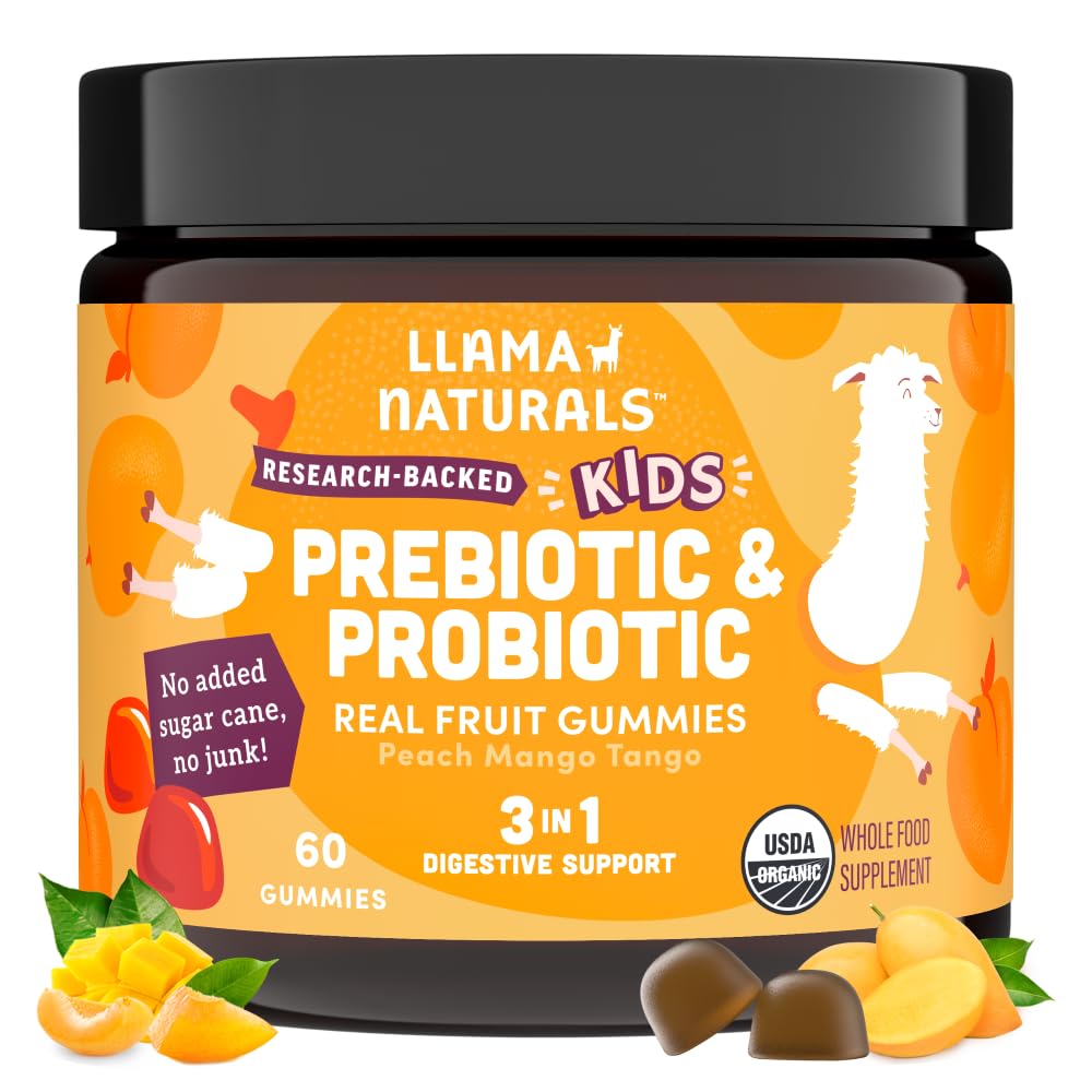 Llama Naturals Παιδικό προβιοτικό με προβιοτικές Ίνες, Vegan, Βιολογικά Πρεβιοτικά και Προβιοτικά Gummies για την υποστήριξη της υγείας των ούλων, Τοντλερ Real Fruit Gummy Βιταμίνες, Όχι Προστιθέμενη ζάχαρη από ζαχαροκάλαμο, Ροδάκινο Mango, 60 Ct