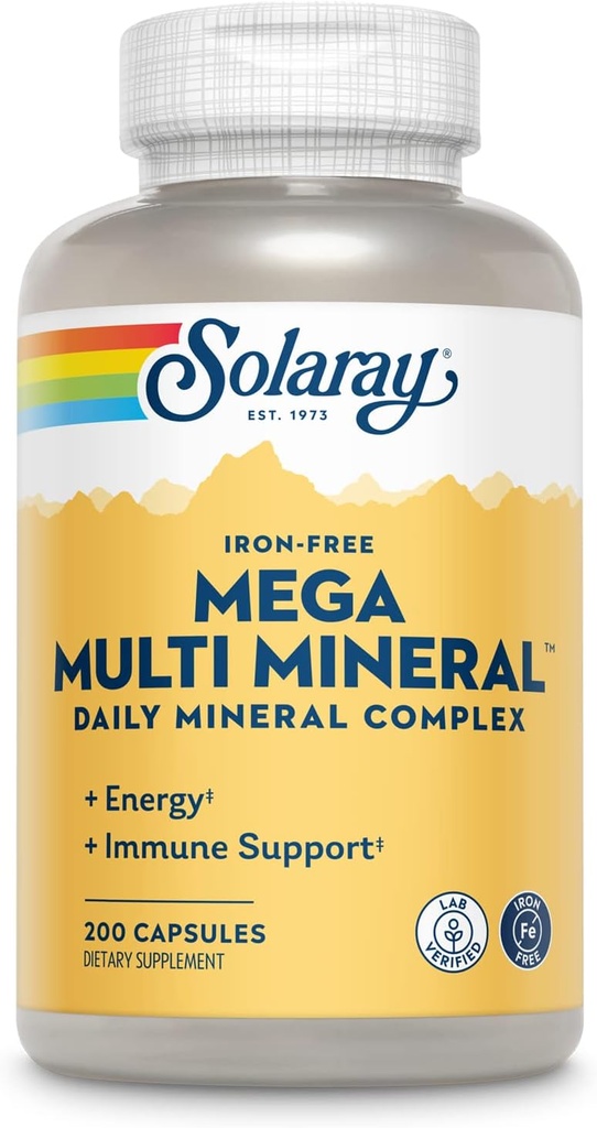 SOLARAY Mega Multi Mineral, Iron Free - Καθημερινή Ορυκτά Συμπλήρωμα w/Trace Minerals, Ηλεκτρολύτες, Ασβέστιο, Μαγνήσιο, Ψευδάργυρος, Σελήνιο, Βόριο - Κινητική Ενέργεια, Ανοσοποιητική Υποστήριξη, 60 ημερών εγγύηση, 50 Serv