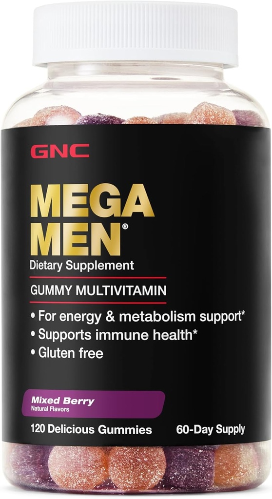 GNC Mega Men Πολυβιταμίνη Gummy, Ενέργεια, Μεταβολισμός, & Ανοσολογική Υποστήριξη, Μικτό μούρο, 120 κόμης