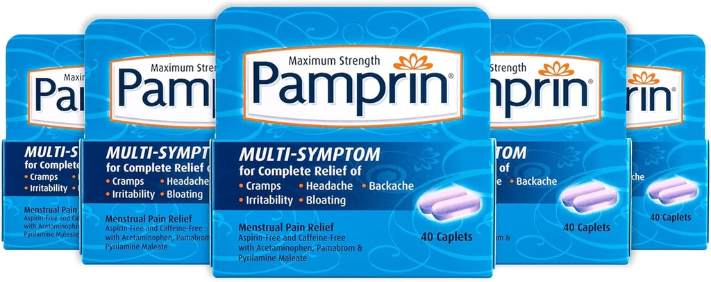 Pamprin Multi-Συμπτώματα Formula, με Acetaminophen, Εμμηνορρυσιακή Περίοδος Συμπτώματα ανακούφιση συμπεριλαμβανομένων Cramps, Πόνος, ευερεθιστότητα και Bloating, 40 Caplets (Pack of 5)